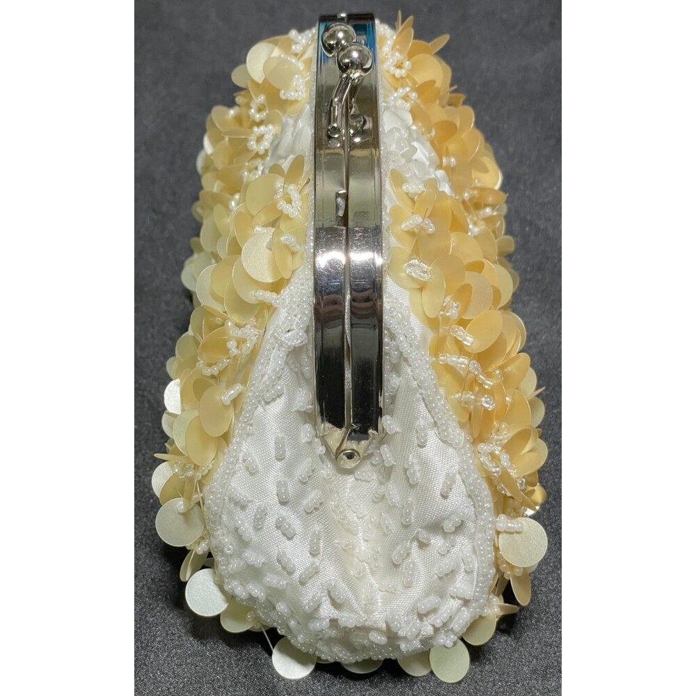 Moni Couture Gold / White Beaded Sequin Clutch Handbag w/ Silver Chain Mini Y2K - Picture 3 of 7